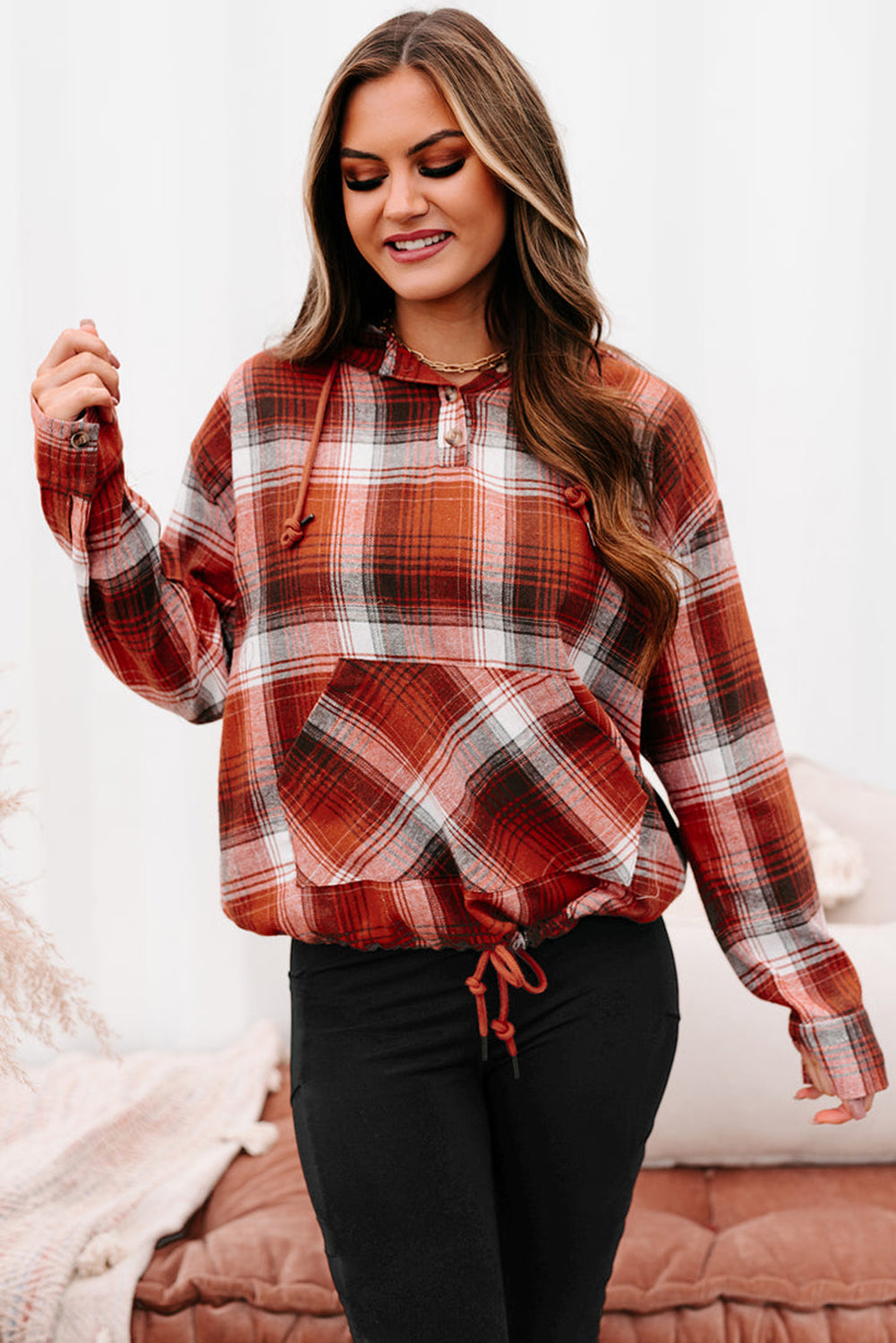 Plaid Print Pocketed Hoodie