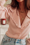 Pink Frilled Lapel Collar Button-Up Puff Sleeve Shirt