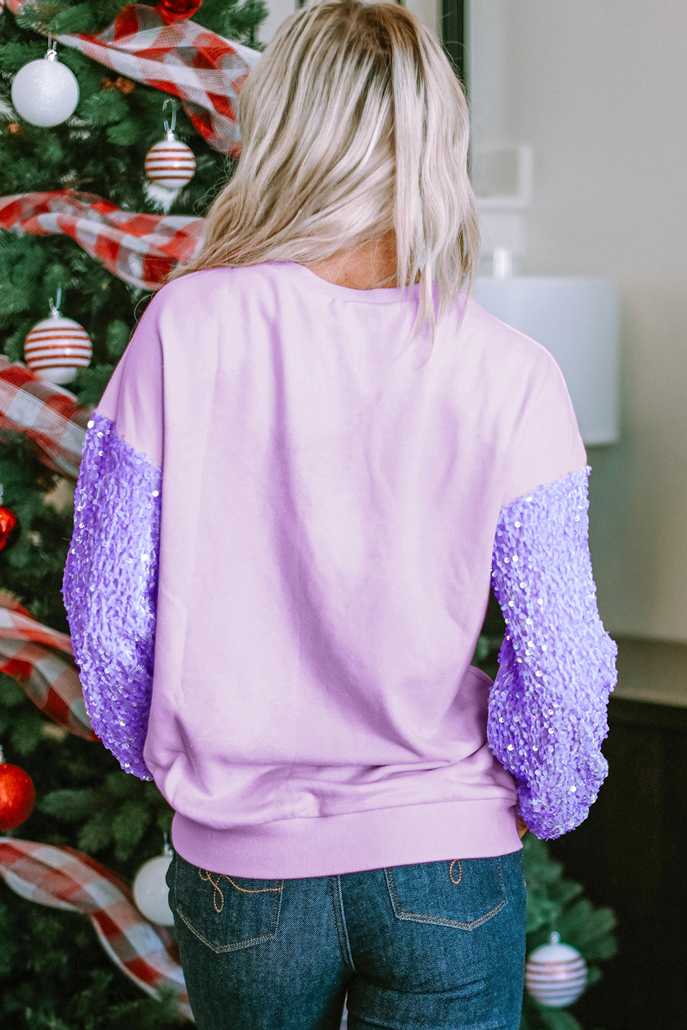 Orchid Petal Sequin Patchwork Long Sleeve Pullover Top