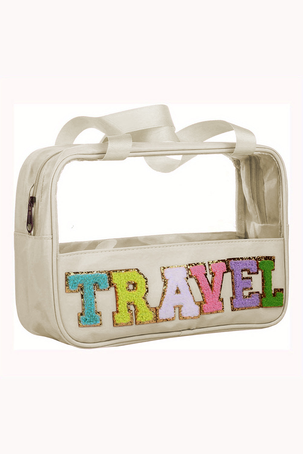 Trousse de maquillage en PVC transparent avec lettre chenille TRAVEL rose clair