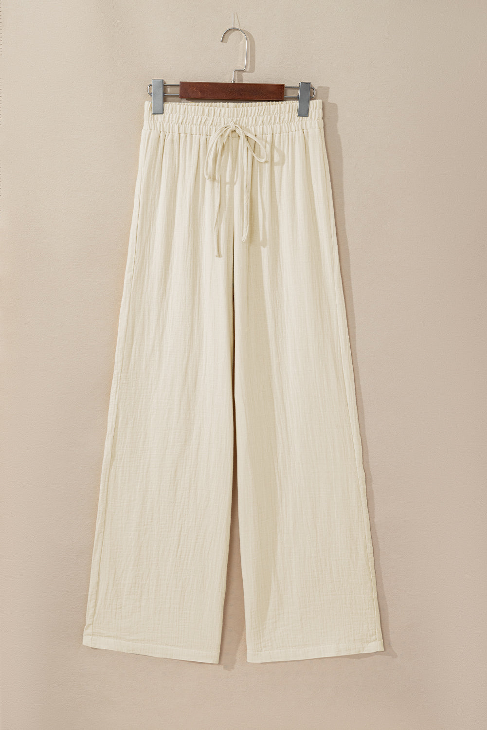 White Textured Loose Fit Drawstring High Waist Pants