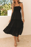 Tie Strap Smocked Frill Tiered Midi Dress