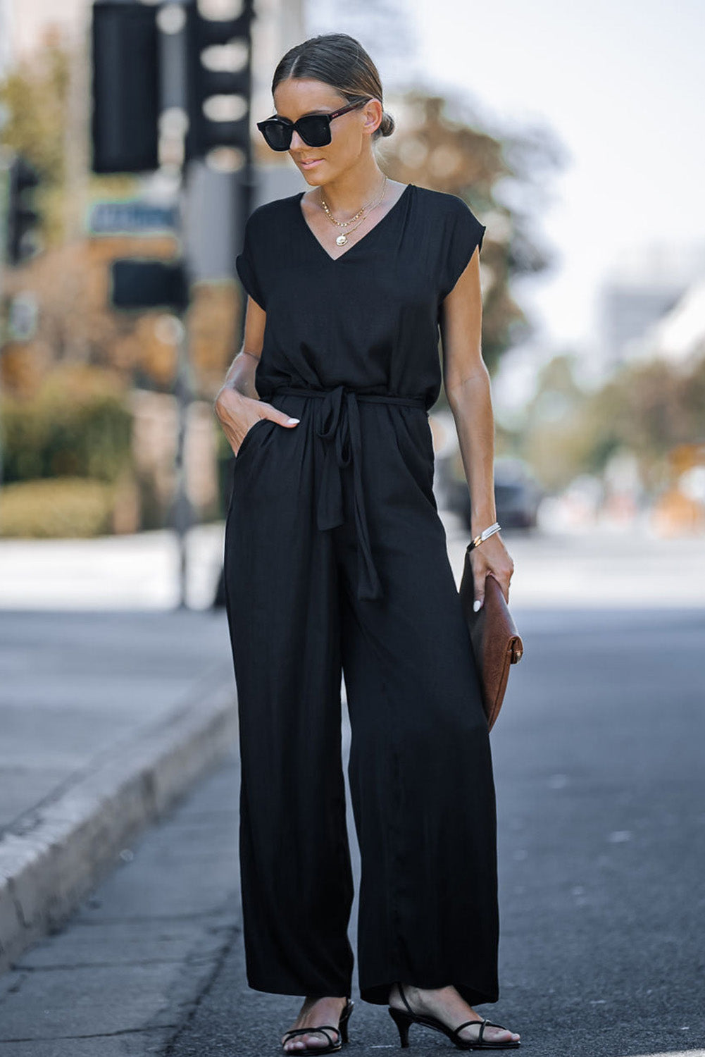 Sleeveless V Neck Belted Wide Leg Jumpsuit