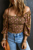 Floral Print Shirred 3/4 Sleeve Off Shoulder Blouse