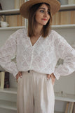 Fanshaped Lace Hollow out Split Neck Puff Sleeve Blouse