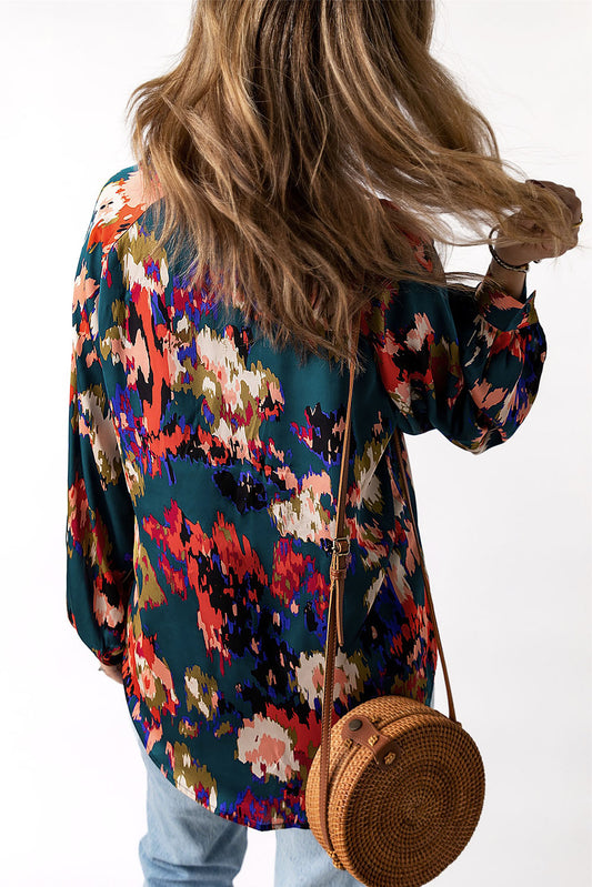 Green Graffiti Printed V Neck Puff Sleeve Blouse