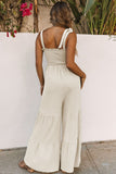 Black Tie Straps Shirred Bodice Tiered Wide Leg Jumpsuit