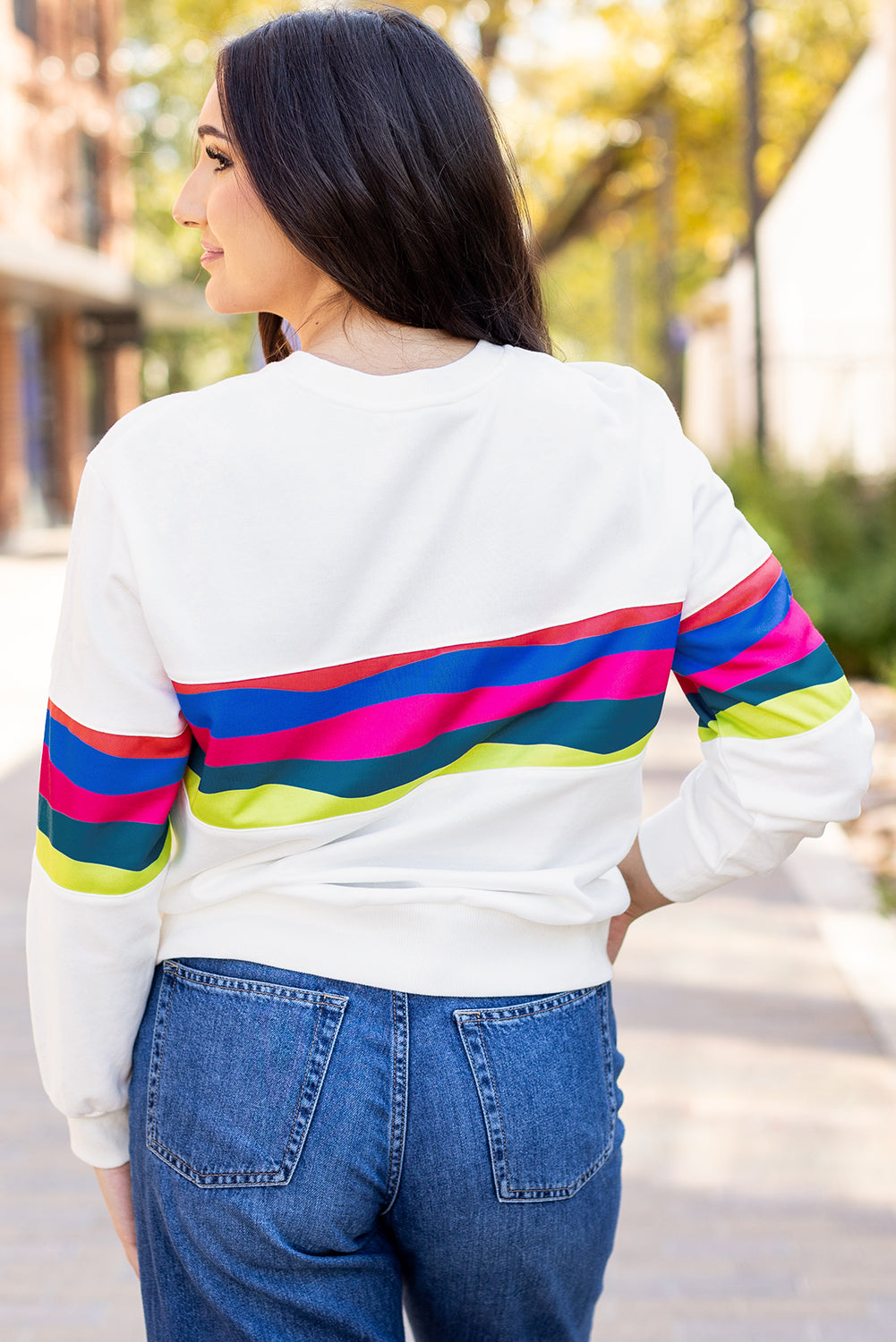 Green Colorful Striped Accent Long Sleeve T Shirt