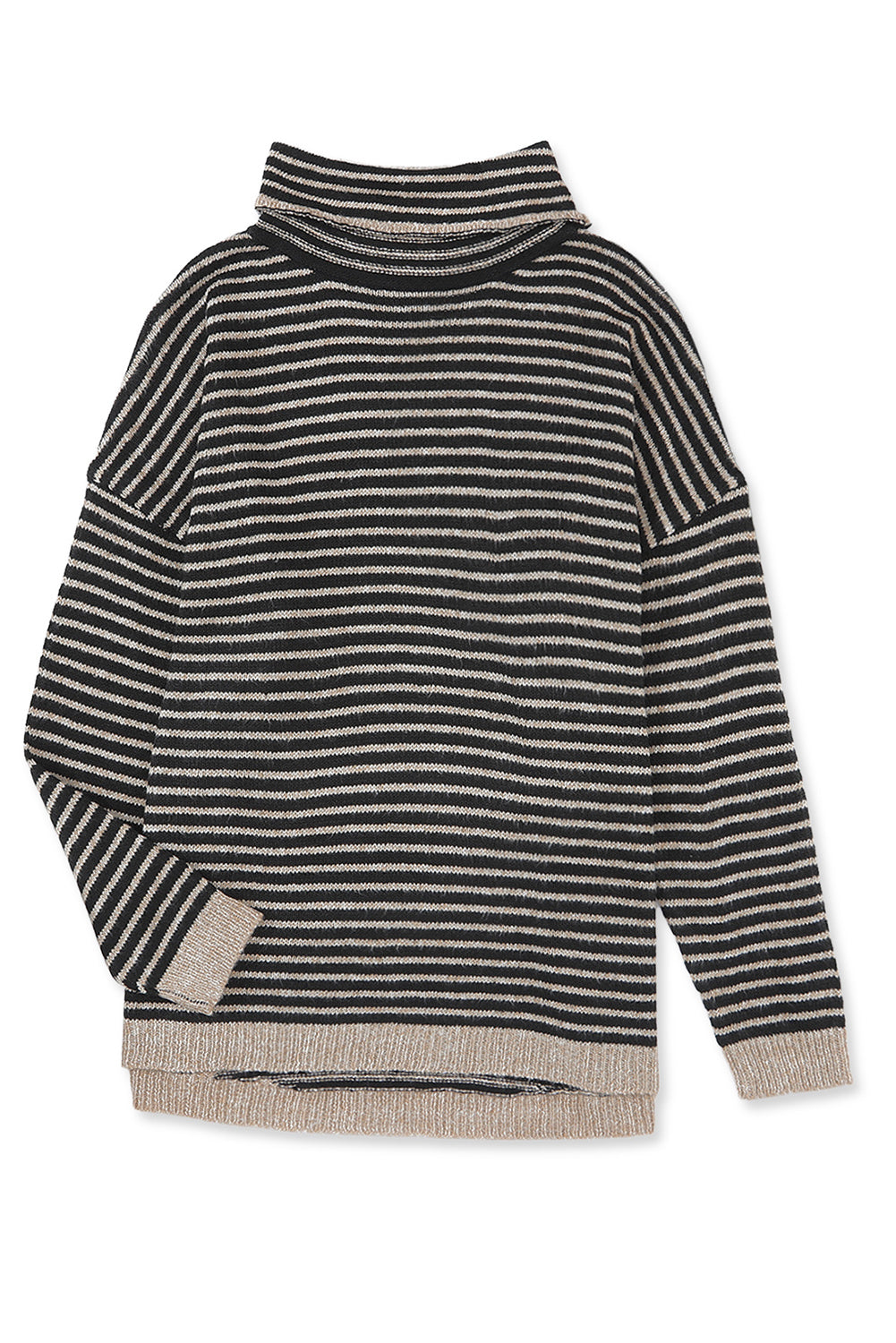 Khaki Striped Turtleneck Loose Sweater