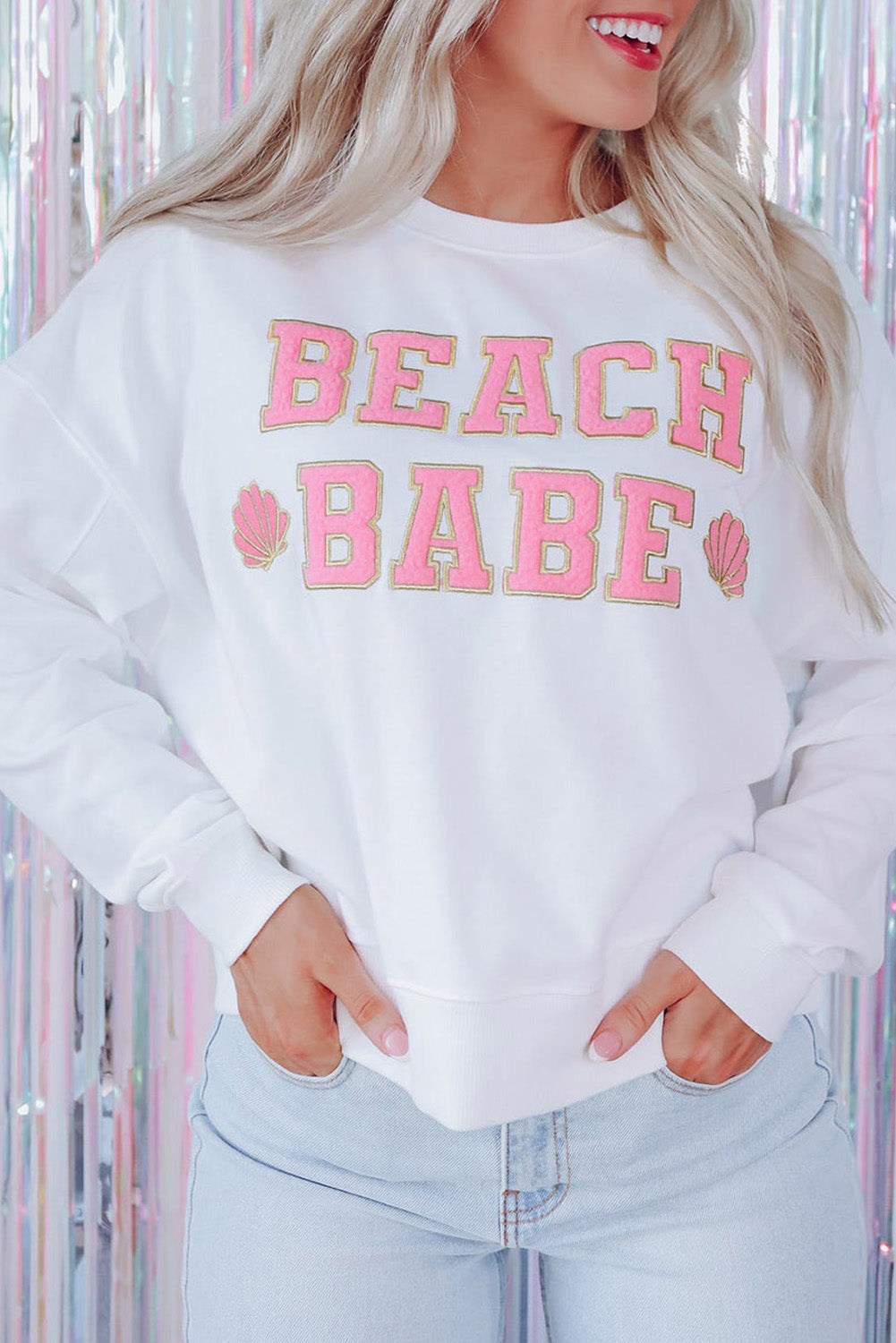 Sweat-shirt décontracté blanc à slogan BEACH BABE et graphique