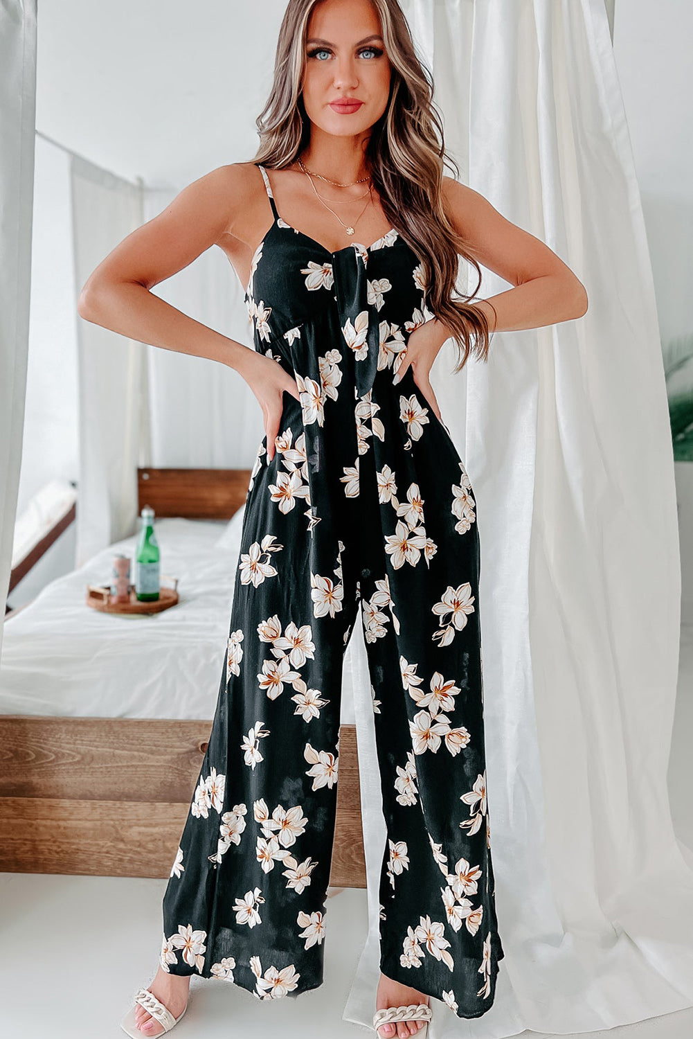 Tie Decor V Neck Floral Wide Leg Jumpsuit