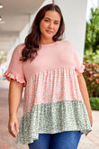 Ruffled Short Sleeve Leopard Splicing Flowy Plus Size Top