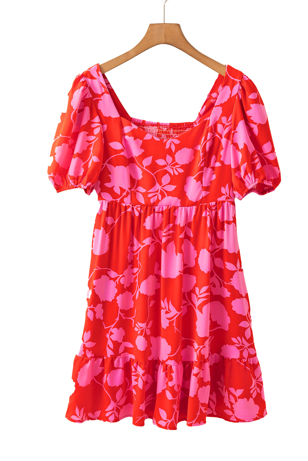 Red Floral Bubble Sleeve Sweetheart Neck Ruffled Mini Dress