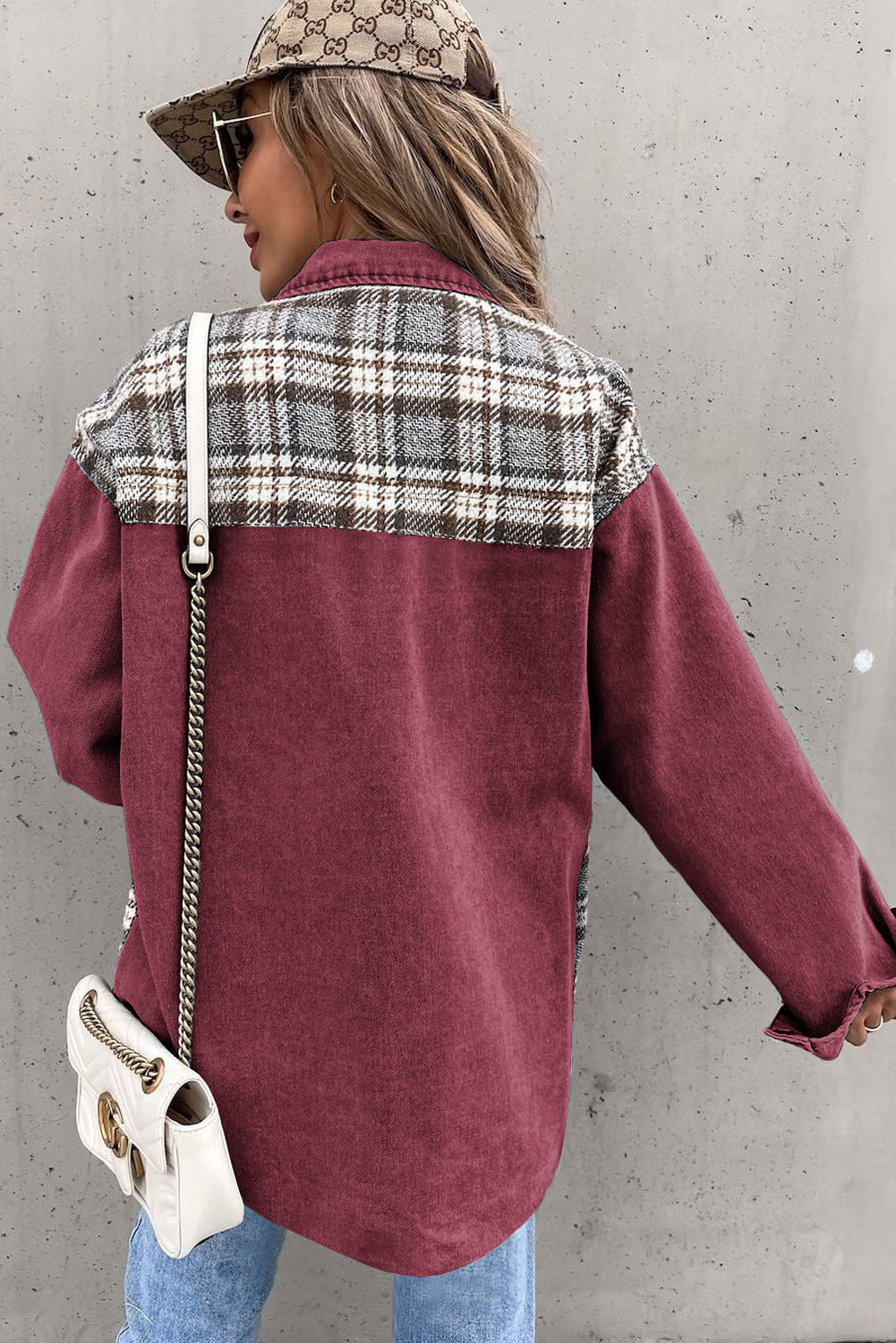 Brown Plaid Patchwork Pockets Denim Jacket