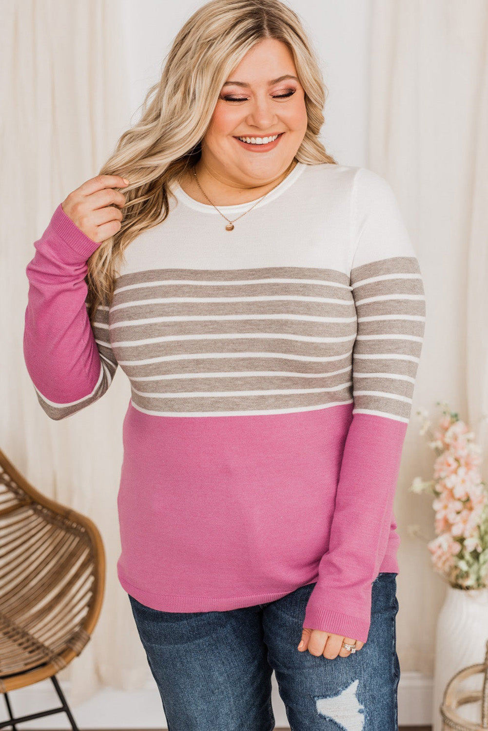 Plus Size Striped Patchwork Knit Sweater