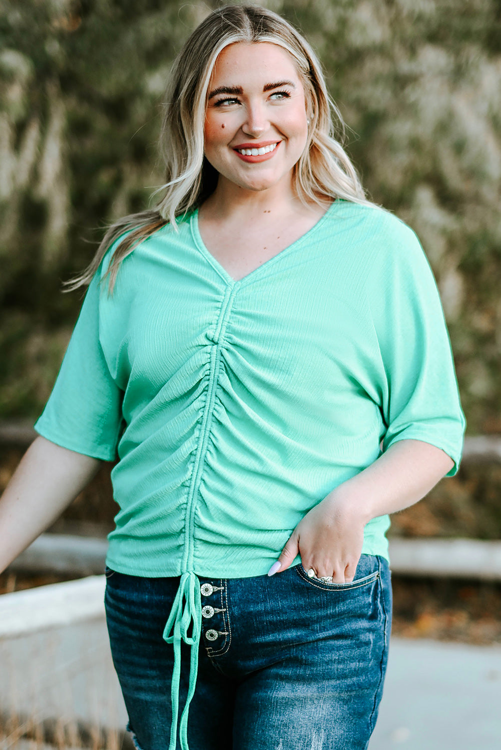 Plus Size Ruched Rib Drawstring V Neck Top