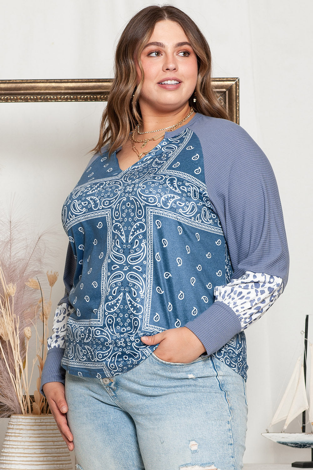 Leopard Paisley Patchwork Split Neck Plus Size Top