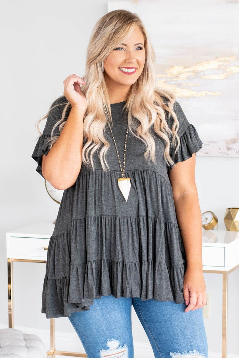 Tiered Ruffled Short Sleeve Plus Size Blouse