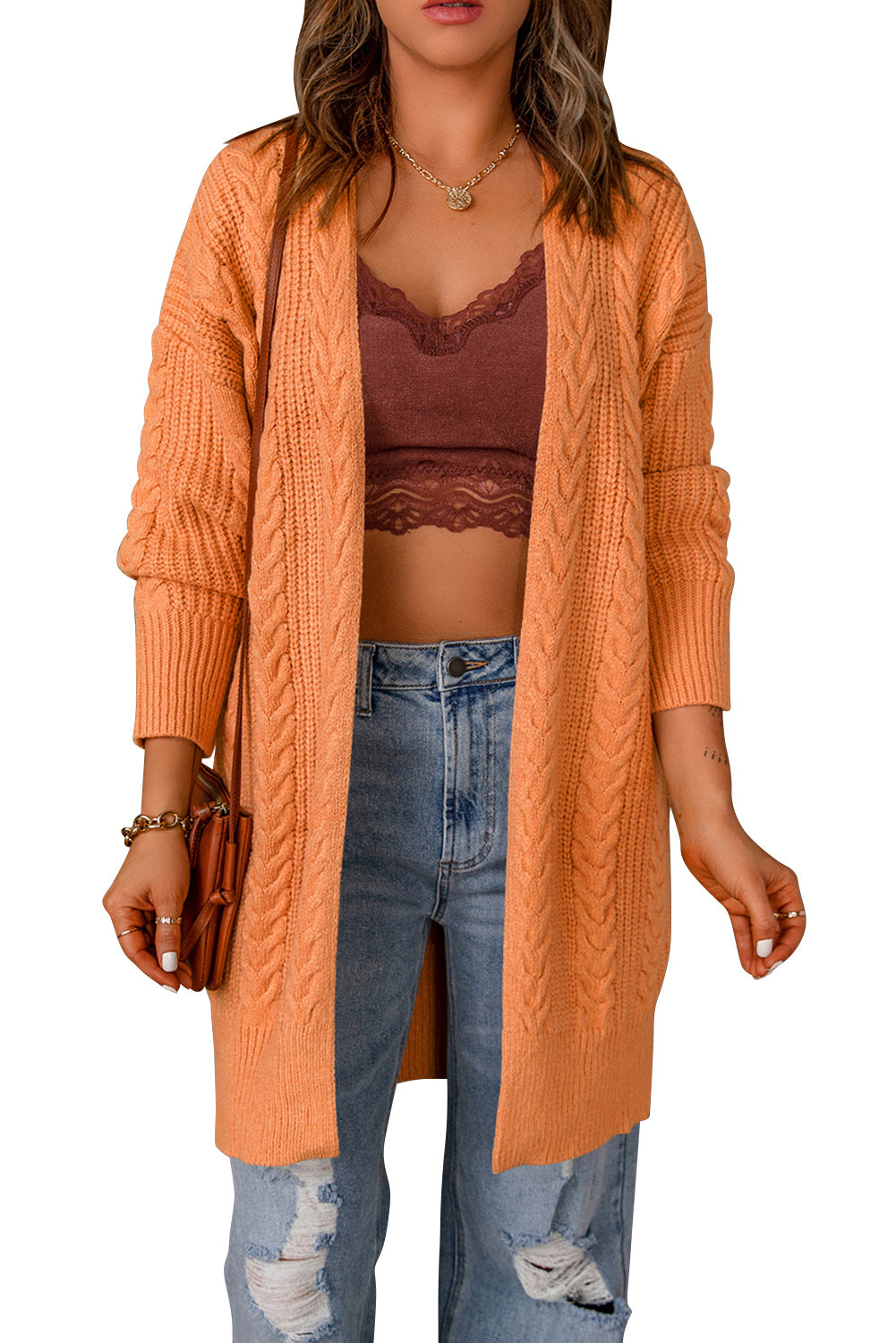 Cardigan orange ouvert sur le devant en grosse maille 