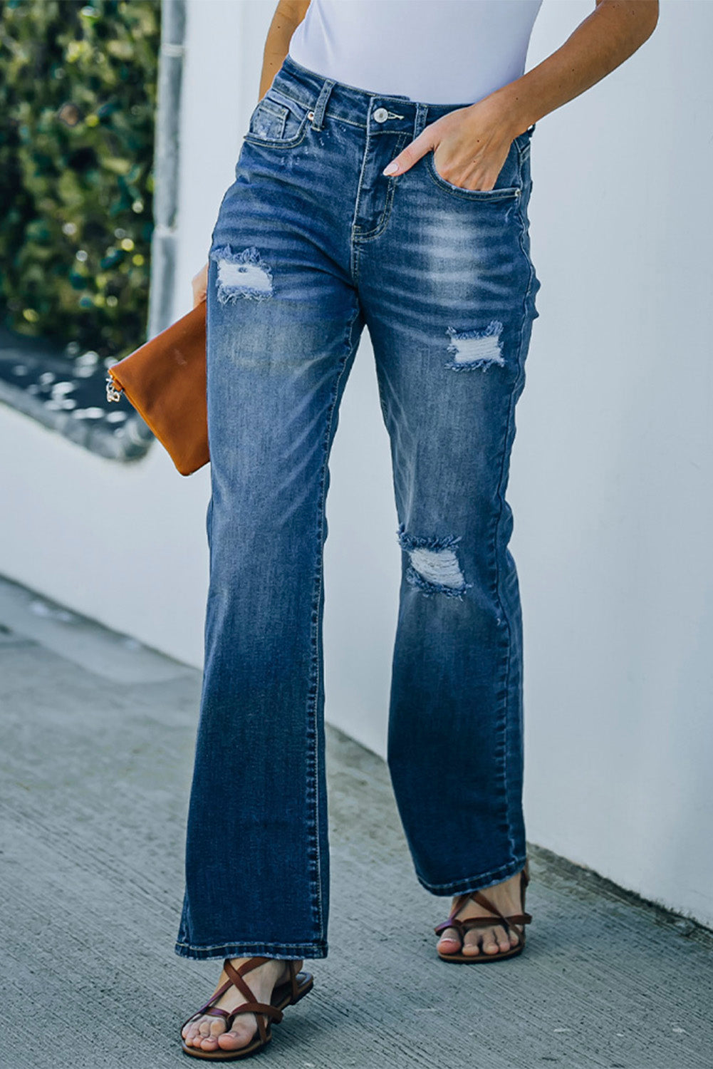 High Rise Washed Distressed Flare Jeans