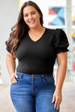 Plus Size Ribbed Knit Puff Sleeve Bodysuit