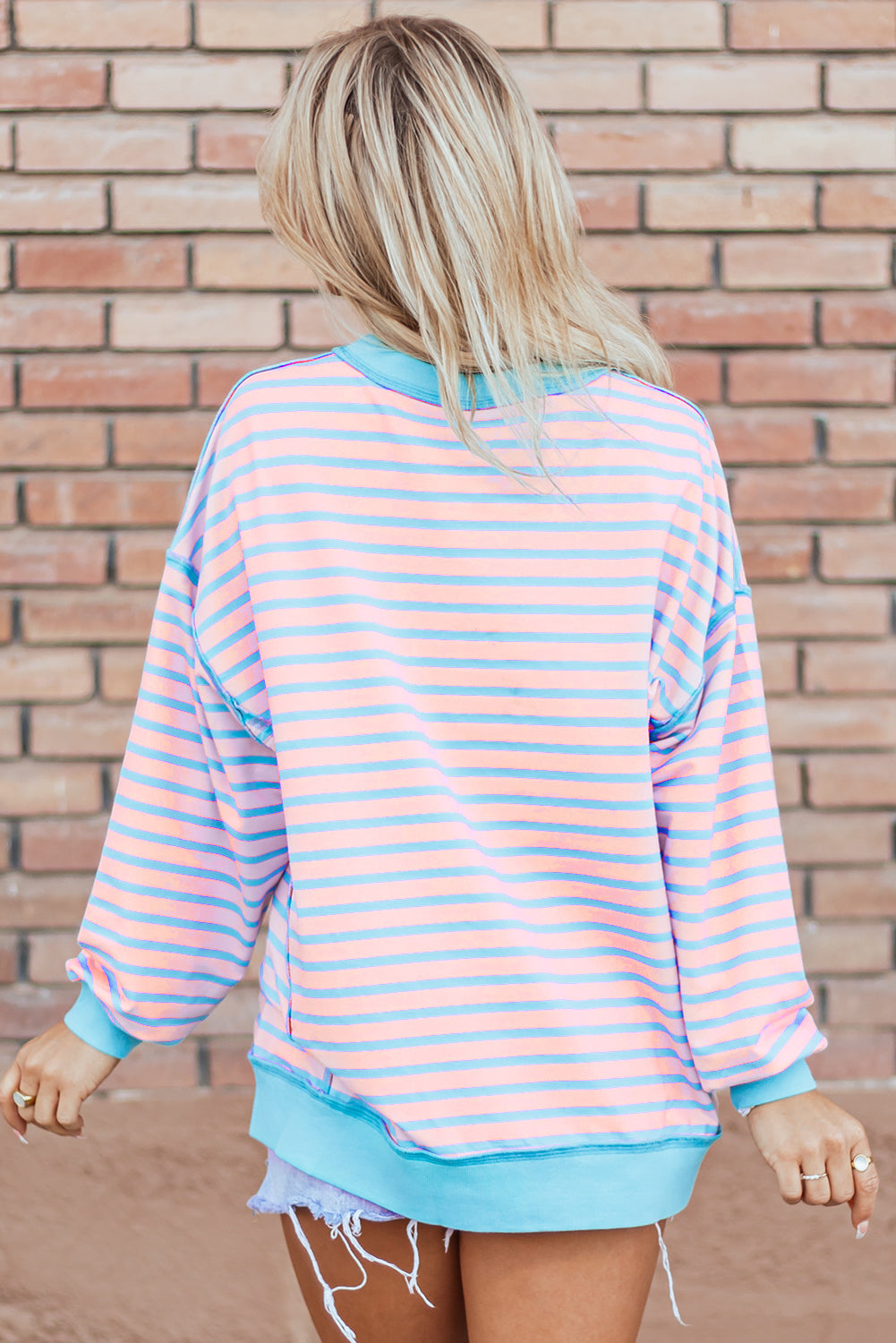 Sky Blue Stripe Contrast Trim High Low Pullover Tunic Sweatshirt