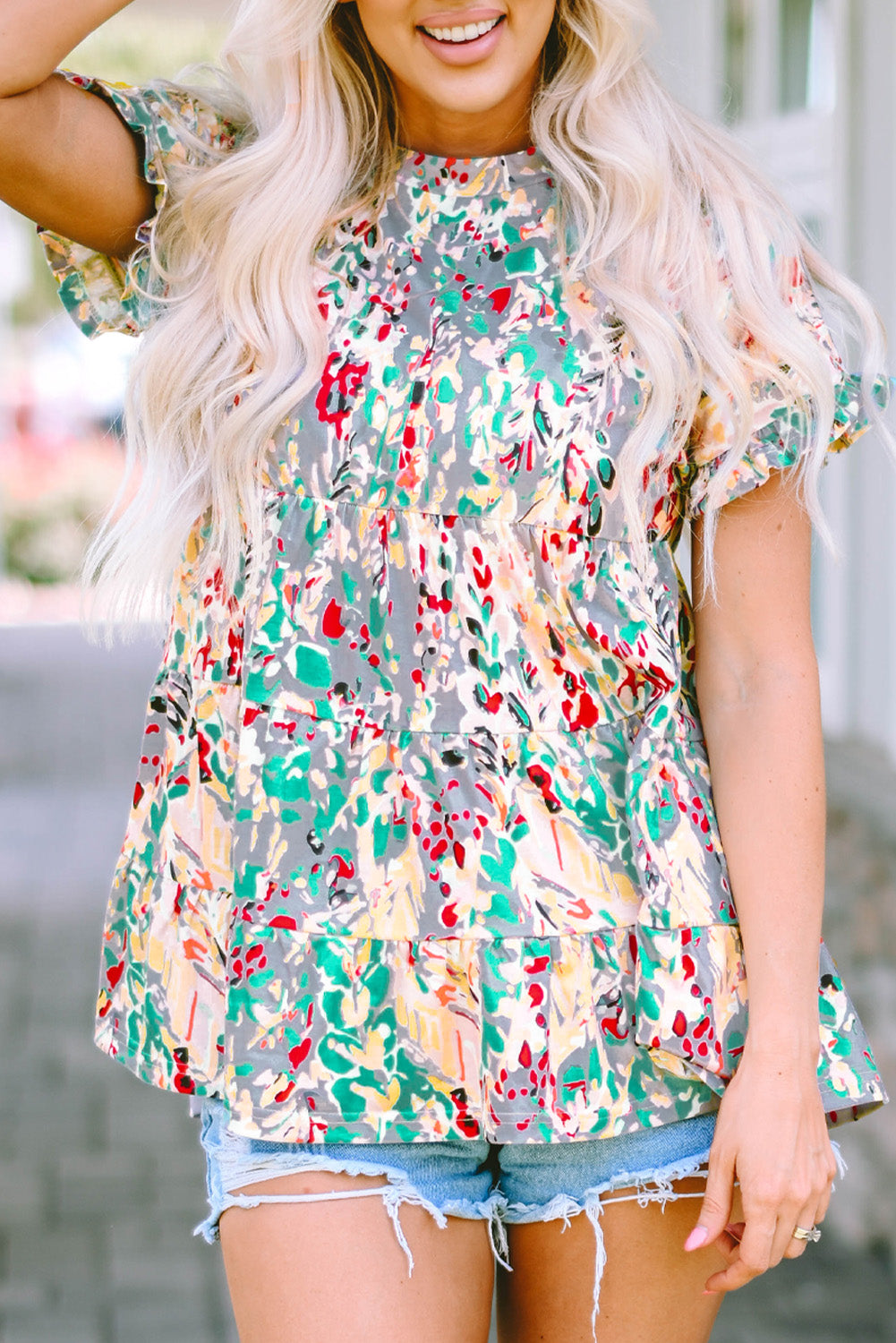 Floral Print Ruffle Sleeve Babydoll Top