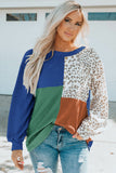 Leopard Patchwork Color Block Ribbed Long Sleeve Top