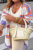 Striped Long Sleeve Ribbed Trim Button Cardigan