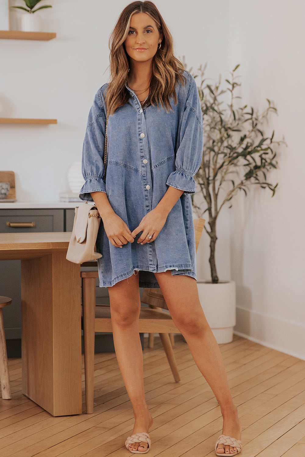 Buttoned Long Sleeve Denim Mini Dress