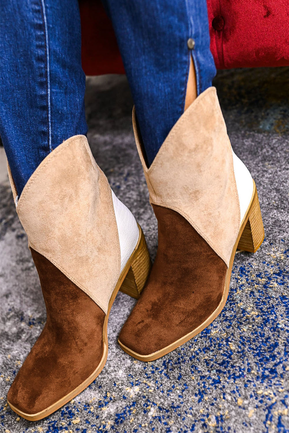 Colorblock Suede Heeled Ankle Booties