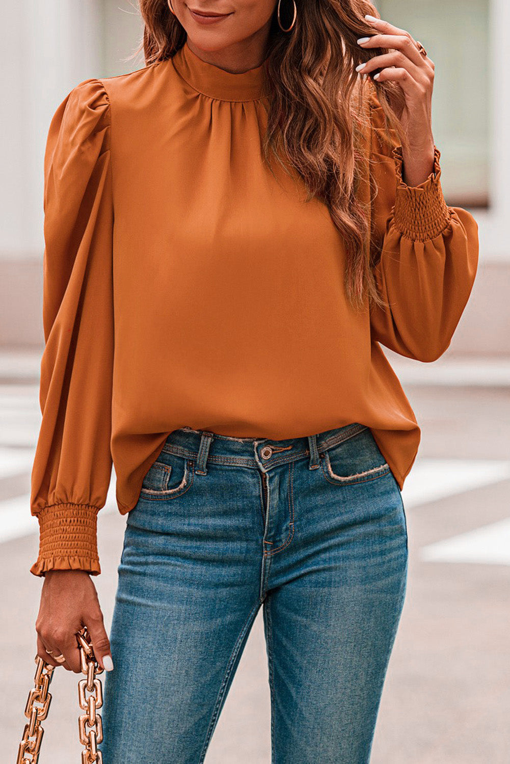 Long Bubble Sleeve Mock Neck Chiffon Blouse