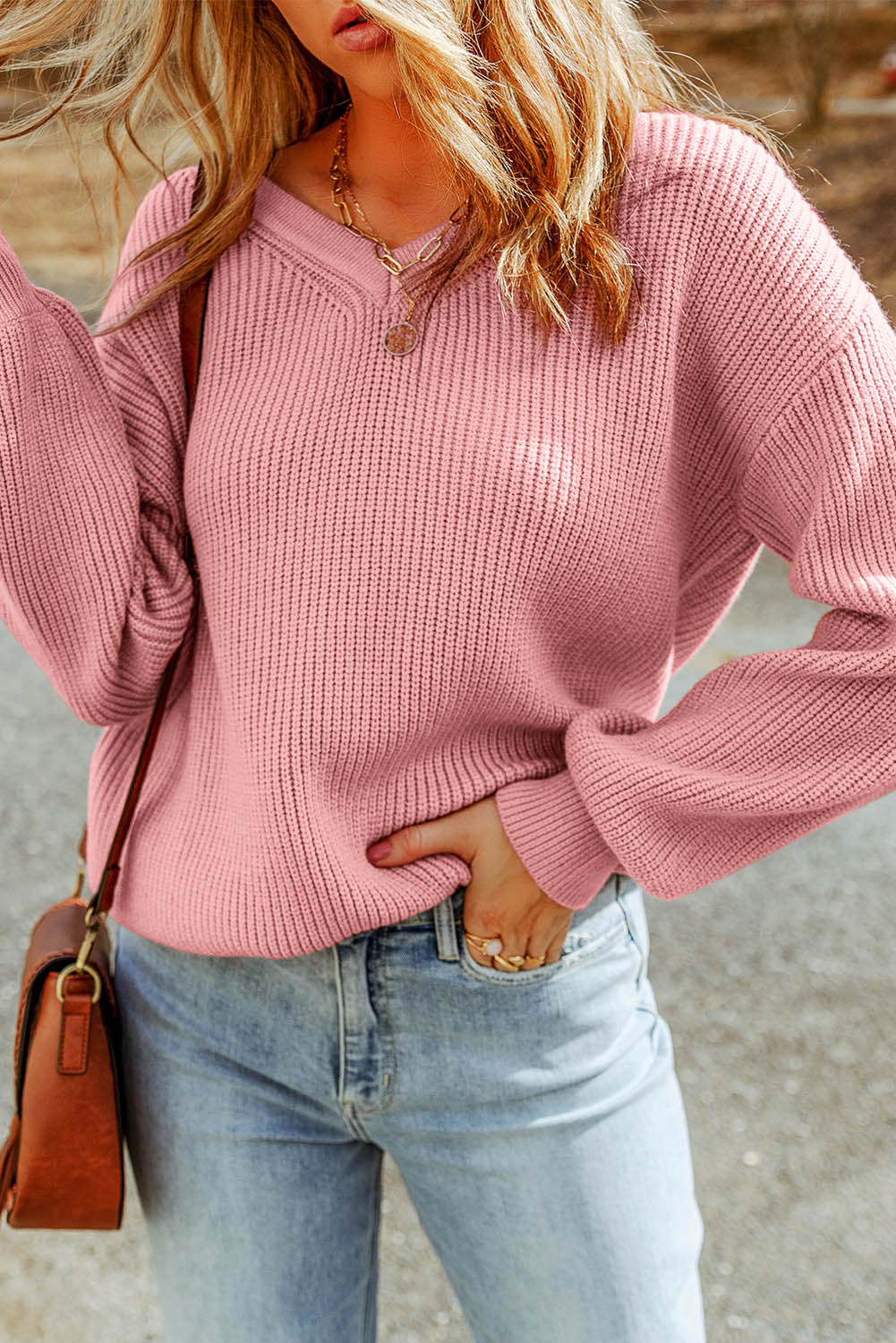 V Neck Drop Shoulder Knitted Sweater