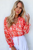 Floral Ruffled Notched V-Neck Blouse