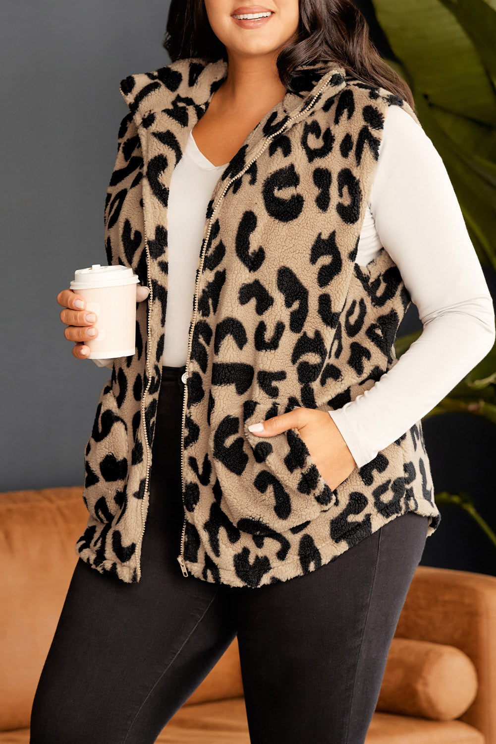 Plus Size Stand Neck Zipped Front Sherpa Jacket Vest