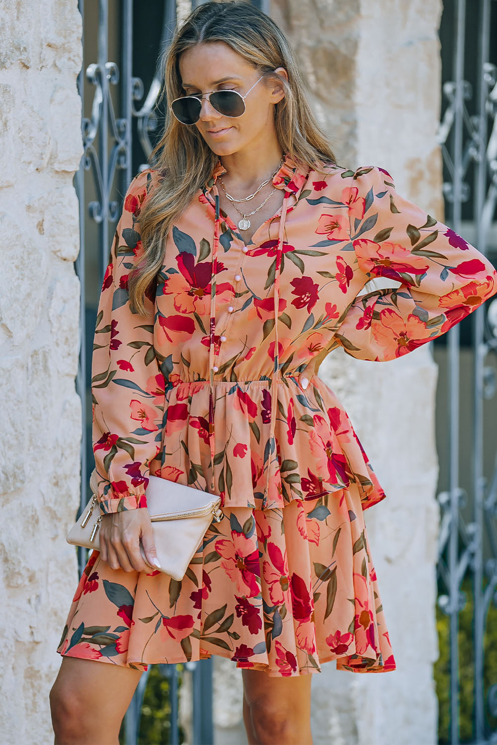 Frilled Collar Long Sleeve Floral Dress with Ruffle