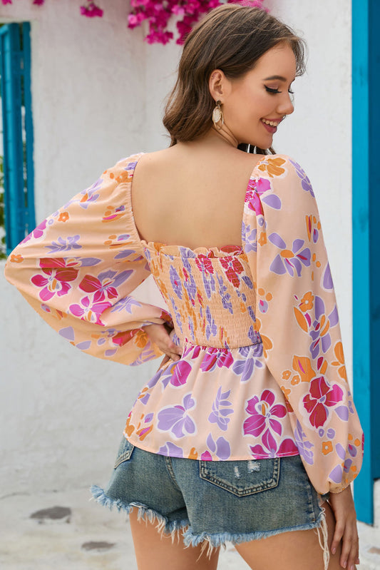 Floral Print Smocked Long Sleeve Peplum Blouse