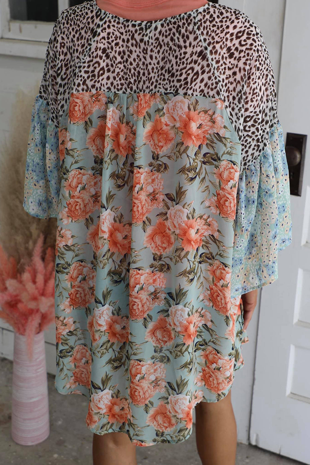 Leopard Floral Mixed Print Wide Sleeves Kimono