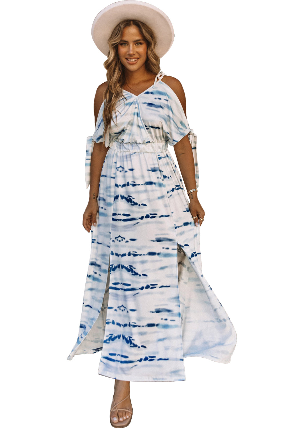 Robe longue tie-dye bleu ciel à épaules dénudées et fentes