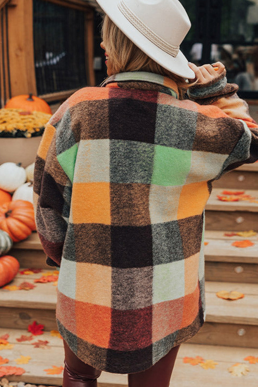 Orange Plaid Print Flap Pocket Long Jacket