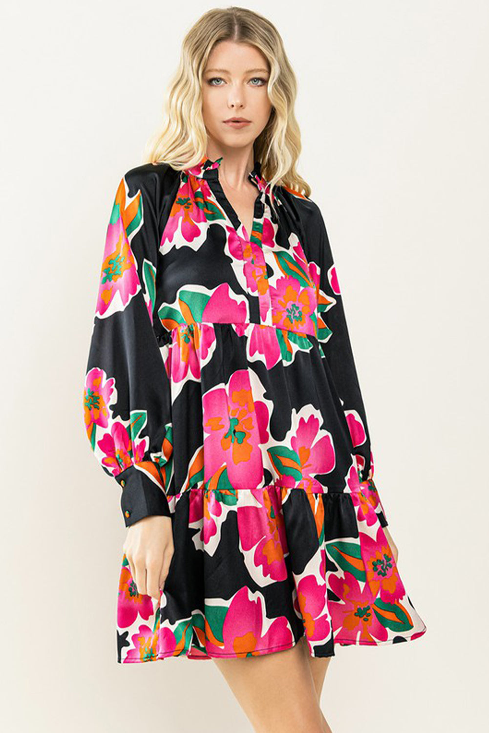 Black Flower Print Puff Sleeve Blouse