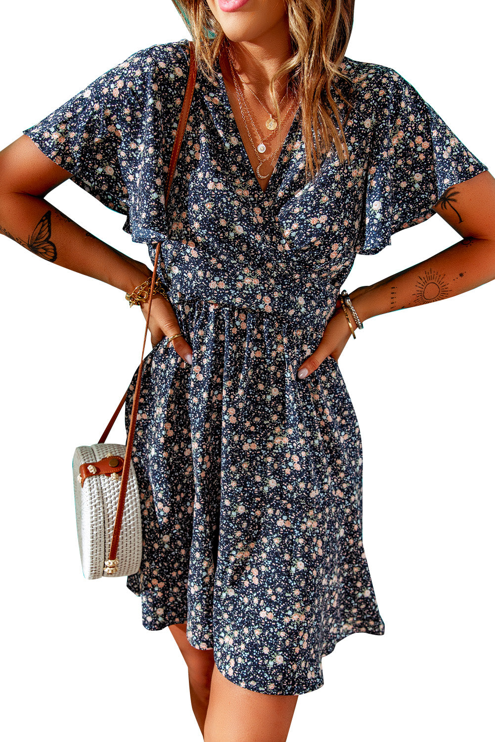 Floral Print Tie Knot Ruffled Short Sleeve Mini Dress