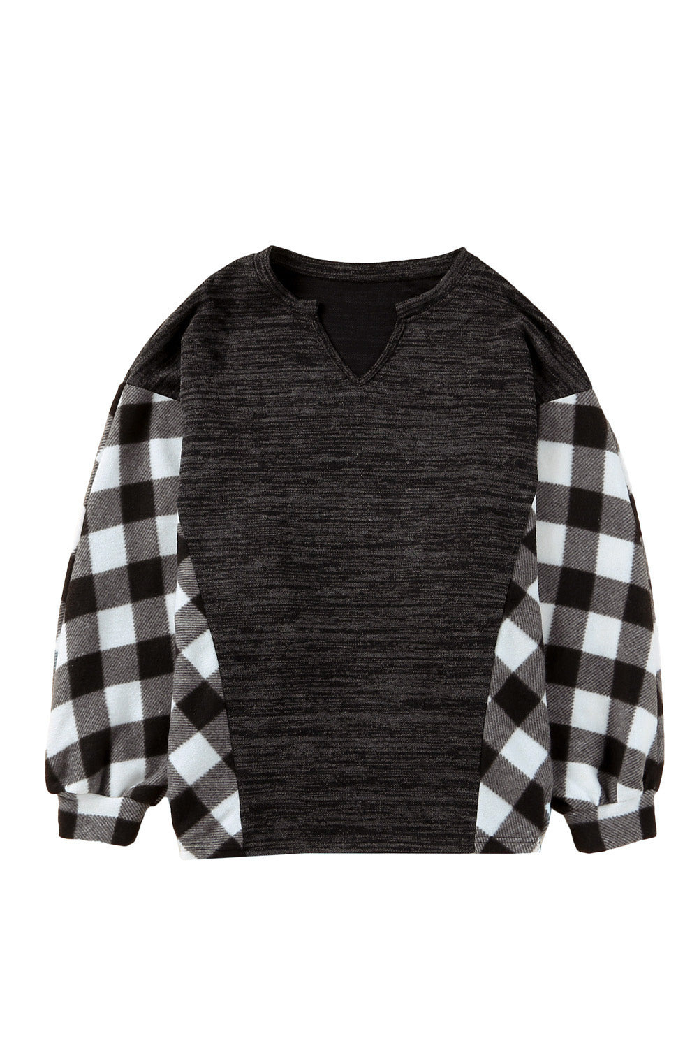 Buffalo Plaid Splicing Split Neck Knit Top