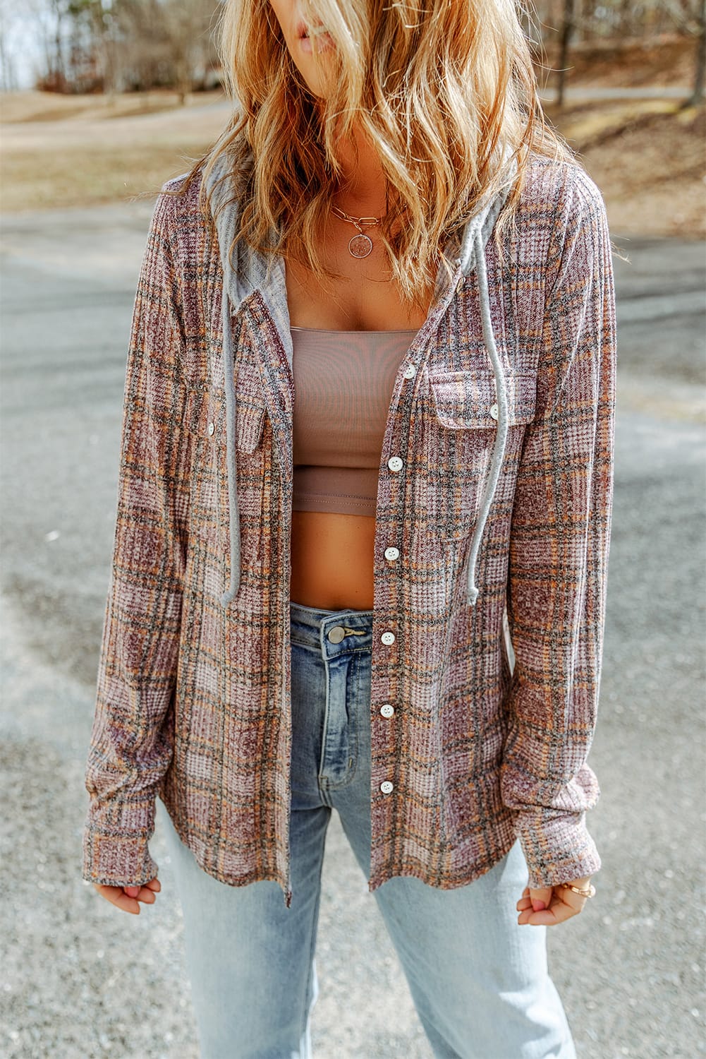 Plaid Contrast Hooded Drawstring Shacket