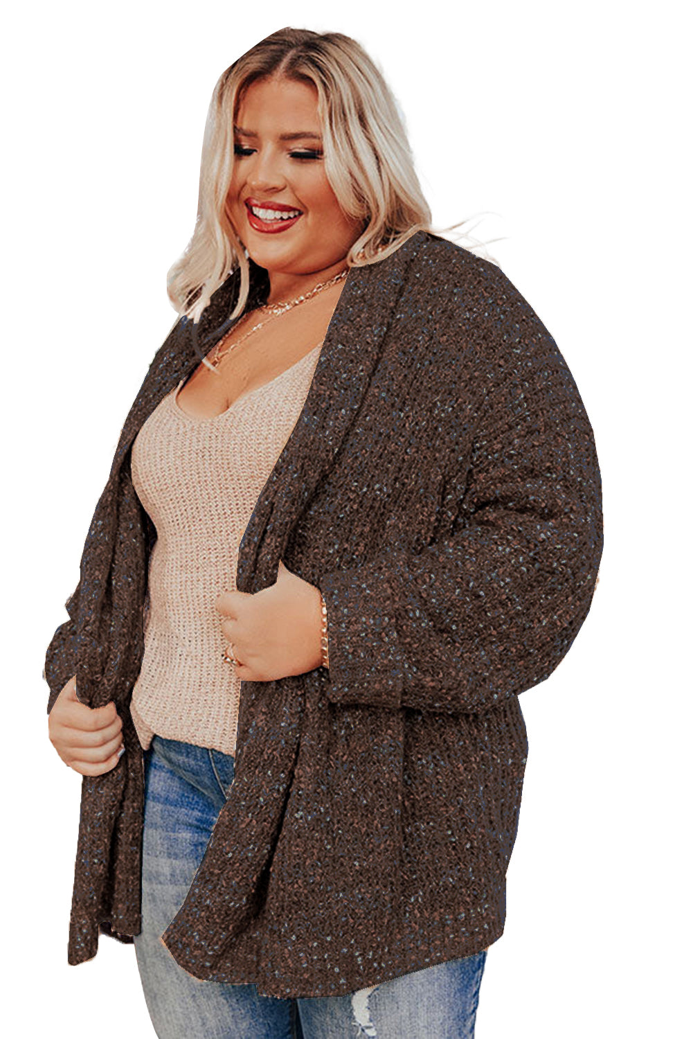 Kaki Cardigan douillet en tricot ouvert sur le devant de grande taille