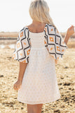 Beige Western Aztec Print Pleated Square Neck Loose Mini Dress