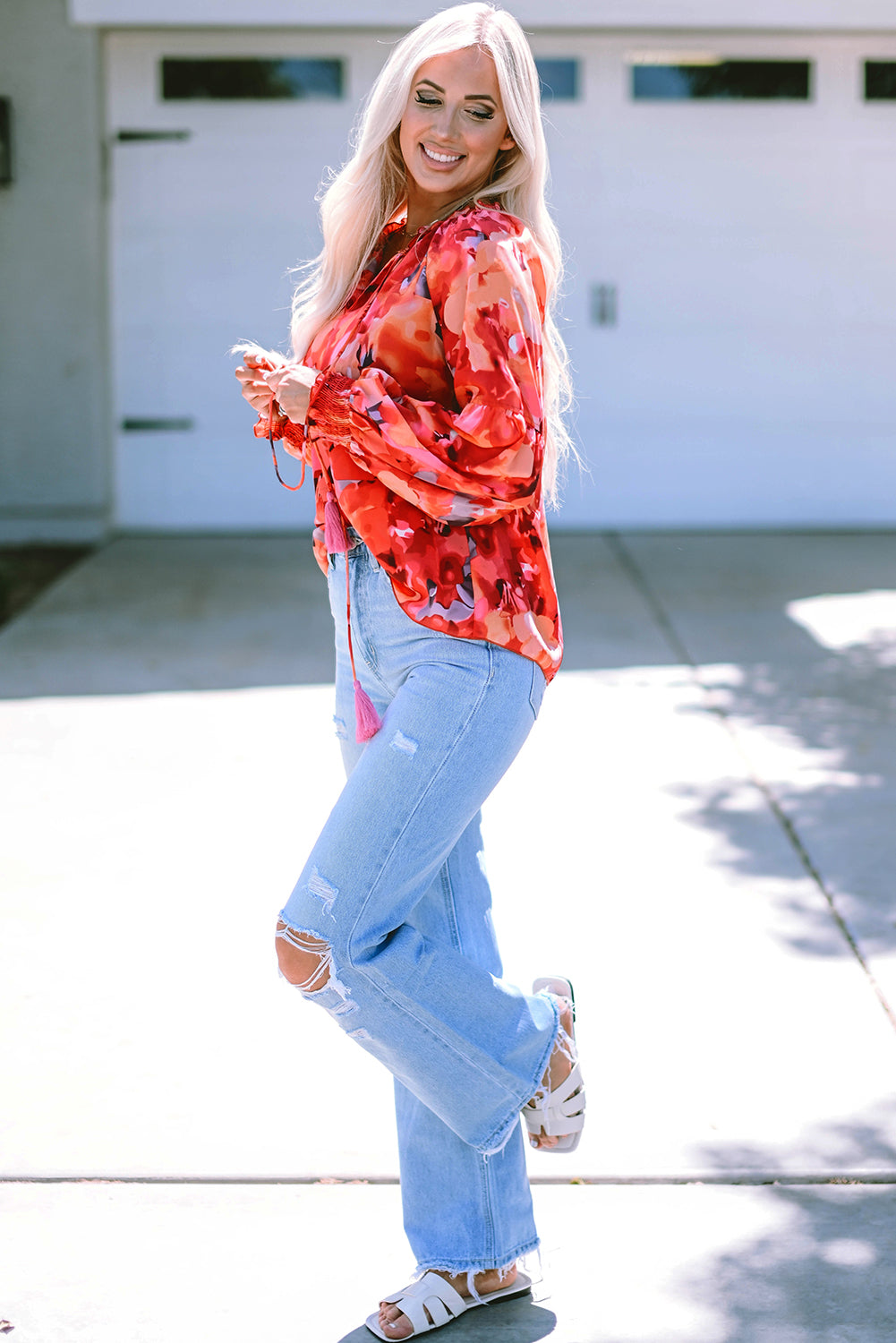 Floral Print Split Neck Tassel Tie Blouse