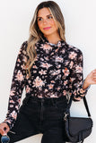 Black Floral Mesh Mock Neck Long Sleeve Slim Fit Top