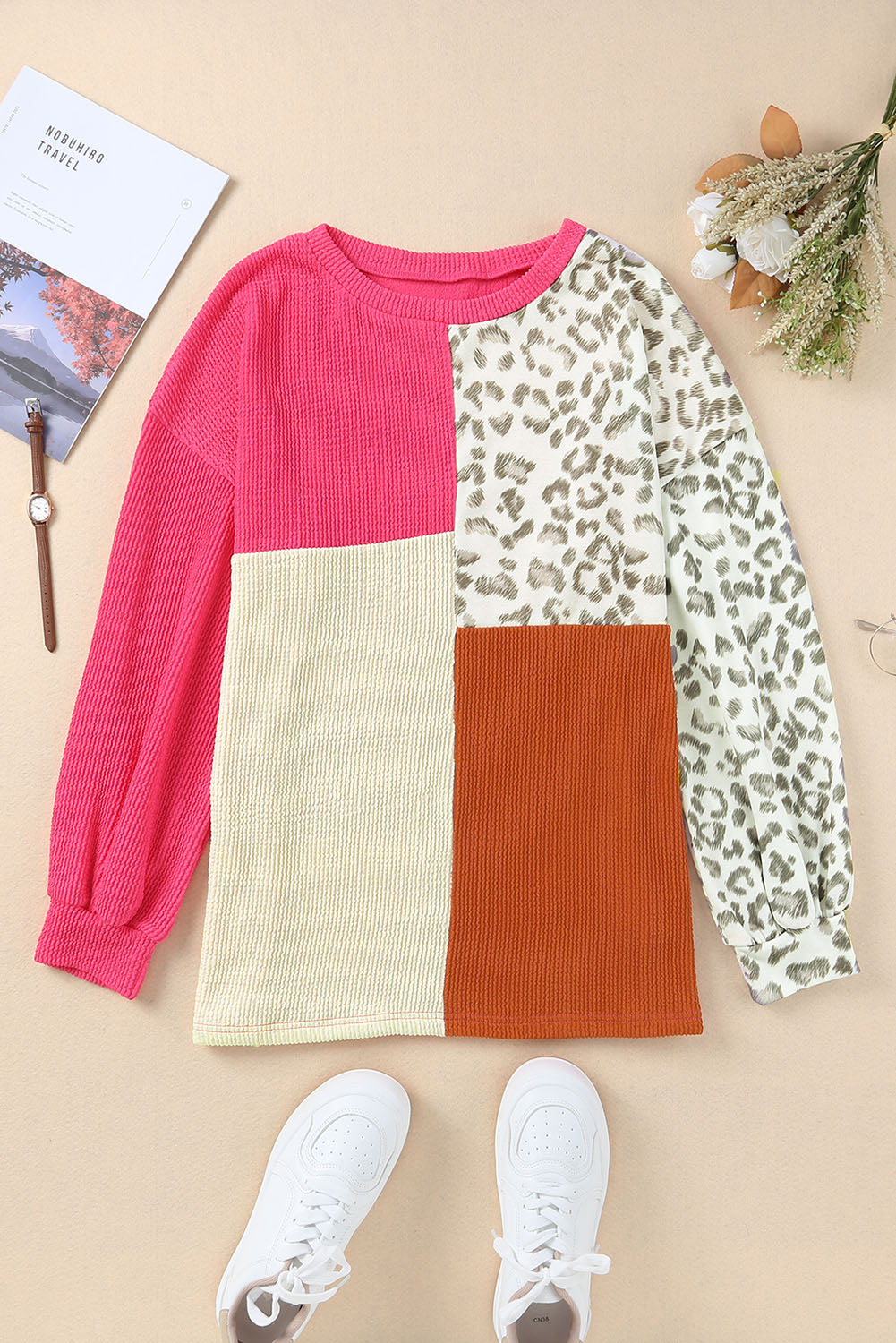 Leopard Patchwork Color Block Ribbed Long Sleeve Top