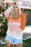 Color Block Eyelet Long Sleeve Twisted Back Knit Top